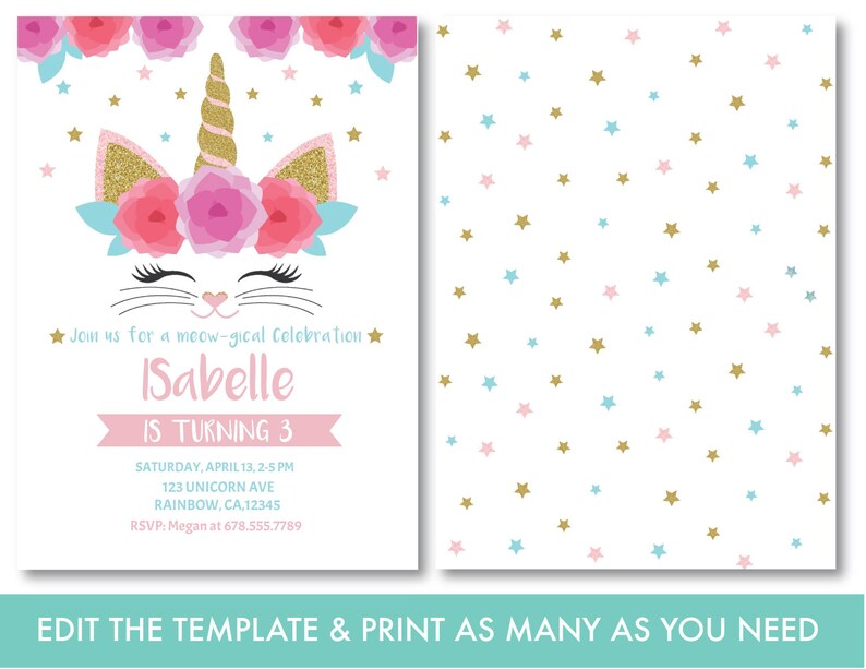 Caticorn Birthday Invitation EDITABLE Kitty Birthday | Etsy