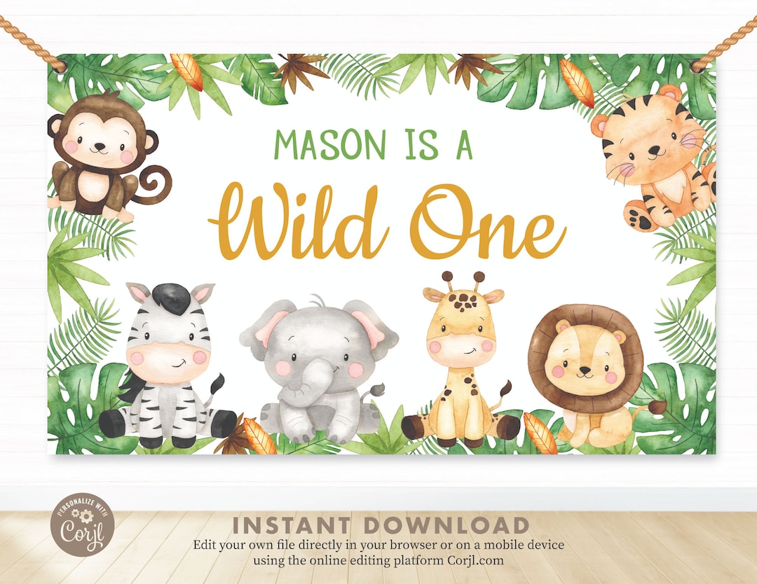 EDITABLE Wild One Safari Backdrop, Safari Animals 1st Birthday Photo ...