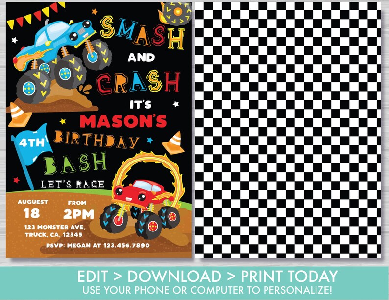 Monster Truck Birthday Invitation Smash and Crash Birthday Invitation Boy's Truck Birthday Party Invite Editable Instant Download MT1 image 2