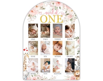 Girl's Wild One Photo Board, Jungle Animals First Year Photo Display 12 Months Milestone Sign Wood Board 1st Birthday Decoration