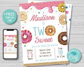 Donut TWO Sweet Birthday Invitation 2nd Donut Birthday Invitation Girl's Second Birthday Invitation Printable Editable Instant Download DG1