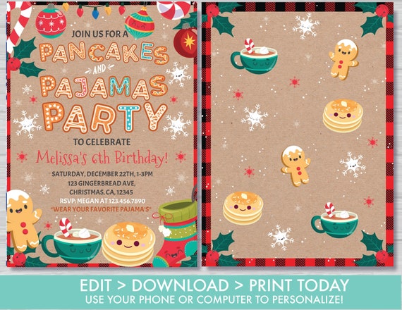 Christmas Pancakes and Pajamas Birthday Invitation Holiday Brunch Birthday Invite Black and Red Christmas Editable Instant Download PJ1
