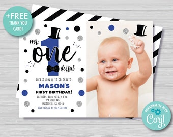 Mr Onederful Birthday Invitation with Photo First Birthday Invitation Bow Tie Little Man Boys 1st Birthday Silver Blue Instant Download MR1