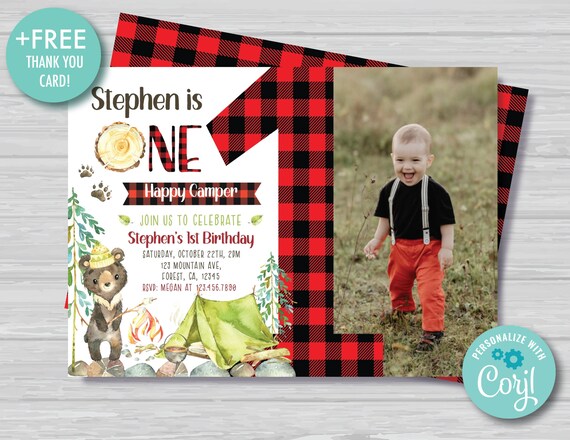 One Happy Camper Birthday Invitation With Photo Camping 1st Birthday Invitation Little Camper Invite Bear Camping Instant Download, HC1 Il_570xn