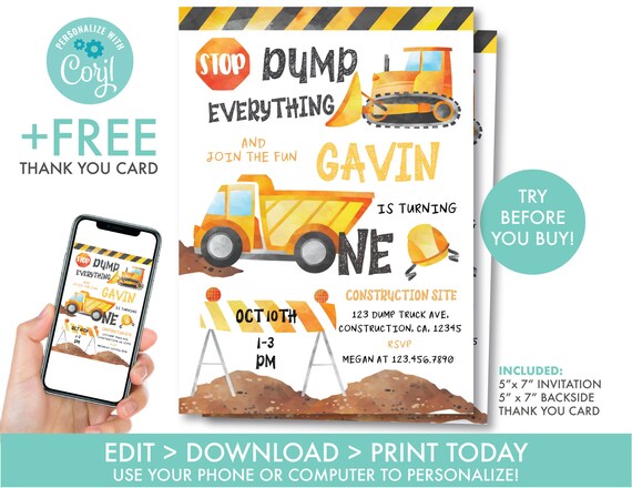 Construction First Birthday Invitation Construction 1st Birthday Invitation Dump Truck Invitation Construction Party Instant Download, DT1 Il_570xn