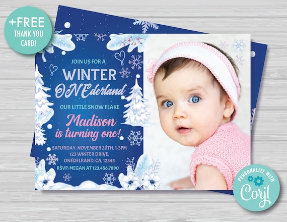 Winter ONEderland Invitation With Photo Girl Snowflakes Winter ...