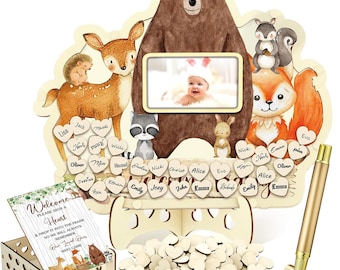 Woodland Animal Baby Shower Guest Book Alternatives Set, Baby Shower Decorations with Photo Frame, Wood Slices Guest Book