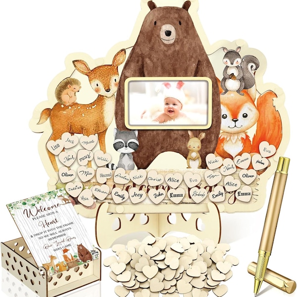 Woodland Animal Baby Shower Guest Book Alternatives Set, Baby Shower Decorations with Photo Frame, Wood Slices Guest Book
