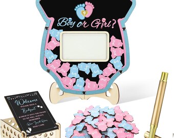 Gender Reveal Baby Shower Guest Book Alternatives Set, Baby Shower Decorations with Photo Frame, Wood Slices Guest Book