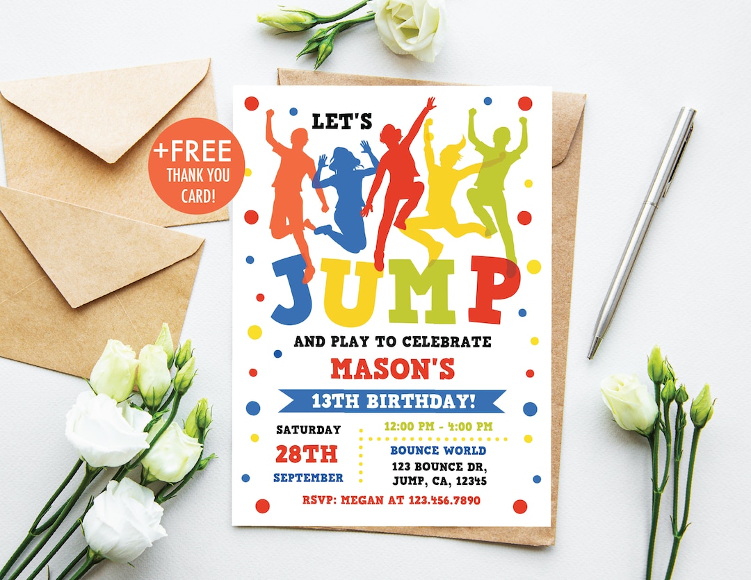 Jump Birthday Invitation Jump Invitation Boy Bounce House Party Trampoline Party Let's Jump