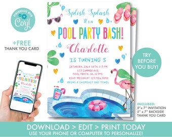 Pool Party Birthday Invitation Girl, Splish Splash Pool Party Bash Invitation, Summer Pool Party, Summer Beach Bash, Instant Download, PP1