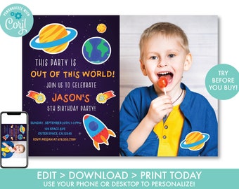 Outer Space Birthday Invitation With Photo Boys Rocket Astronaut Invitation Space Birthday Decorations, Instant Download, OS1