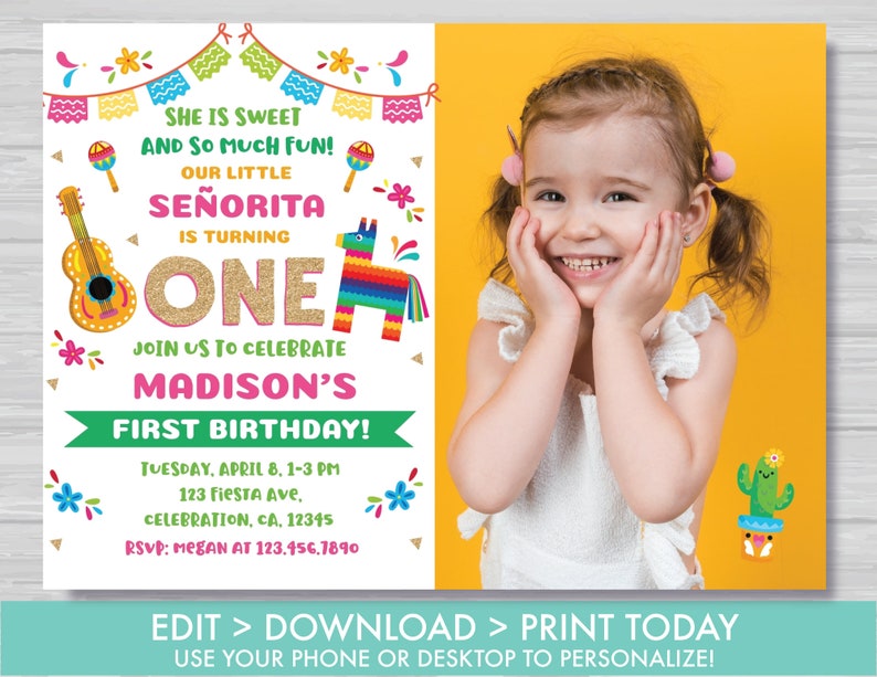 Fiesta First Birthday Invitation Let's Fiesta 1st Birthday Invitation Cactus Mexican Fiesta Uno Birthday Invite Editable Instant Download M2 image 2