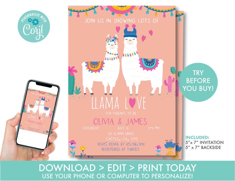 Llama Baby Shower Invitation Printable Llama Love Invitation - Etsy