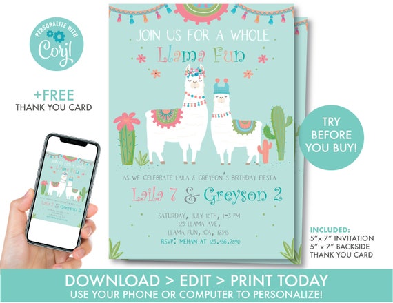 EDITABLE Llama invitation, Llama Sibling Birthday Invitations, Alpaca Invite, Cactus, Fiesta Birthday, Sibling birthday, Instant Download,L1 Il_570xn