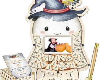Halloween Little Boo Baby Shower Guest Book Alternatives Set, Baby Shower Decorations with Photo Frame, Wood Slices Guest Book