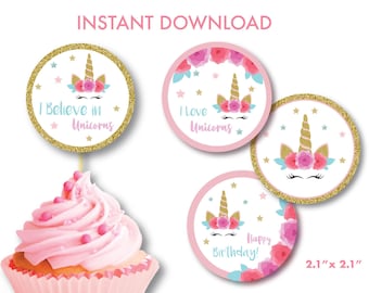Unicorn Cupcake Toppers Printable, Unicorn Decoration, Unicorn Cupcake toppers, Unicorn Birthday, Instant Download, Party Circles, M1