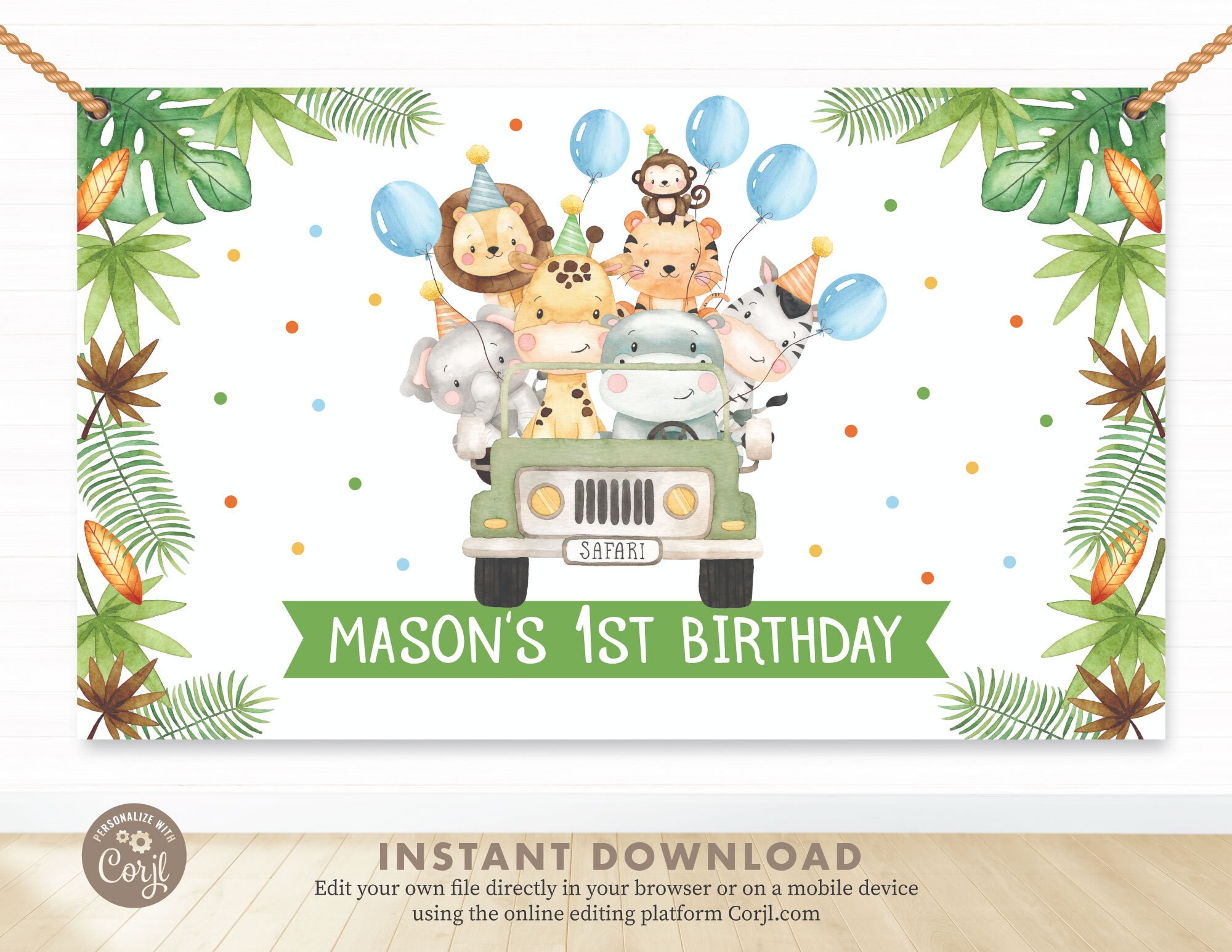 EDITABLE Wild One Safari Backdrop Safari Animals 1st Birthday Photo Background Jungle Animals Theme Banner Backdrops Instant