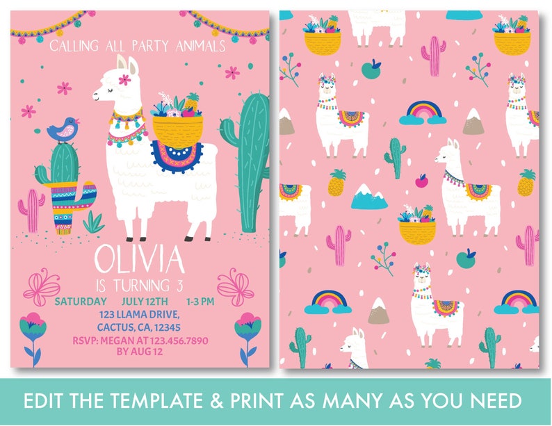 Llama Birthday Invitation Printable Llama Birthday Llama - Etsy
