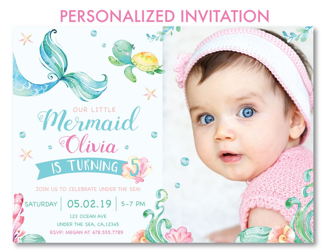 Mermaid Birthday Invitation With Photo Printable Mermaid Etsy