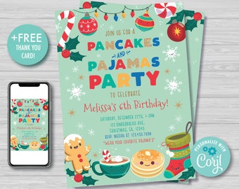 Christmas Pancakes and Pajamas Birthday Invitation Holiday Brunch Birthday Invite Green and Red Christmas Editable Instant Download PJ1