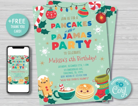 Christmas Pancakes and Pajamas Birthday Invitation Holiday Brunch Birthday Invite Green and Red Christmas Editable Instant Download PJ1 Il_570xn