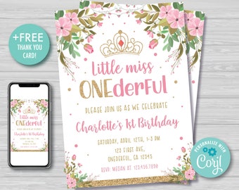 Miss Onederful Invitation Girls First Birthday Invitation Pink and Gold Little Miss Onederful Invitation Editable Instant Download MO1