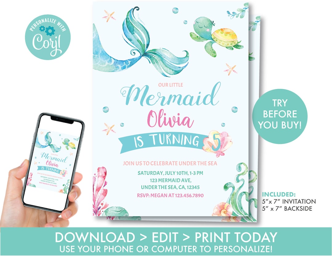 Mermaid Invitation Printable, Mermaid Birthday Invitation, Under the ...