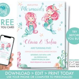 Mermaid Twins Invitation Double Mermaid Birthday Invitation Mermaid Sisters Invitation, Under the sea invitation, Instant Download, U1