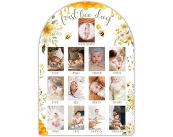 First Bee Day Photo Board, Bee First Year Photo Display 12 Months Milestone Sign Wood Board 1st Birthday Decoration