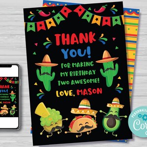 Taco TWOsday Bedankkaart Boy's 2e verjaardag Mexicaanse TWOsday Bedankkaart Cinco de Mayo Verjaardag Fiesta Bewerkbare Instant Download TT1