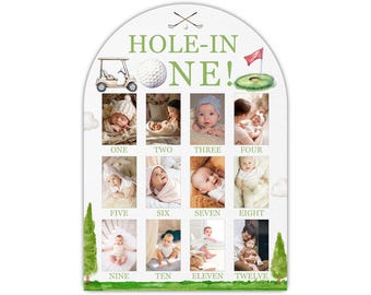 Golf First Birthday Photo Board, Hole in One First Year Photo Display 12 Months Milestone Sign, Wood Board Picture Frame Decor