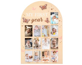 Butterfly First Year Photo Board, Baby's First Year Photo Display 12 Months Milestone Sign, Wood Board 1st Birthday Picture Frame Decoration