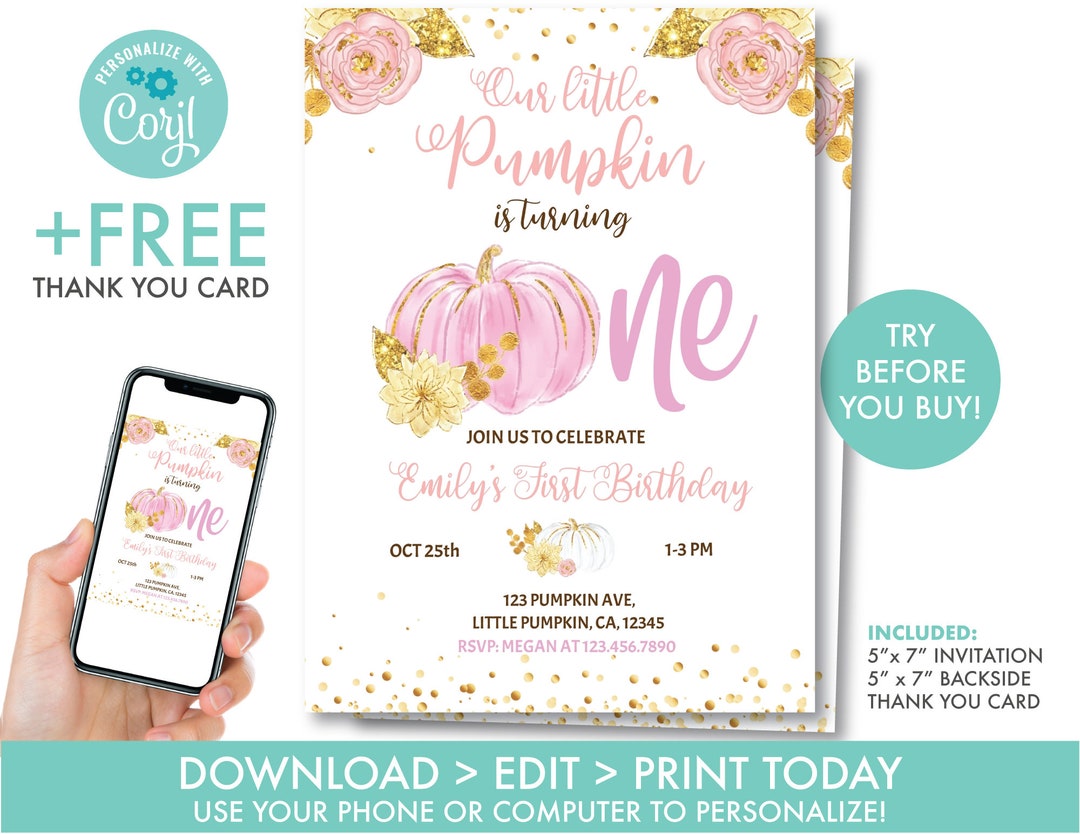 Editable Pumpkin 1st Birthday Invitation Printable Our Little Pumpkin First Birthday Invitation ...