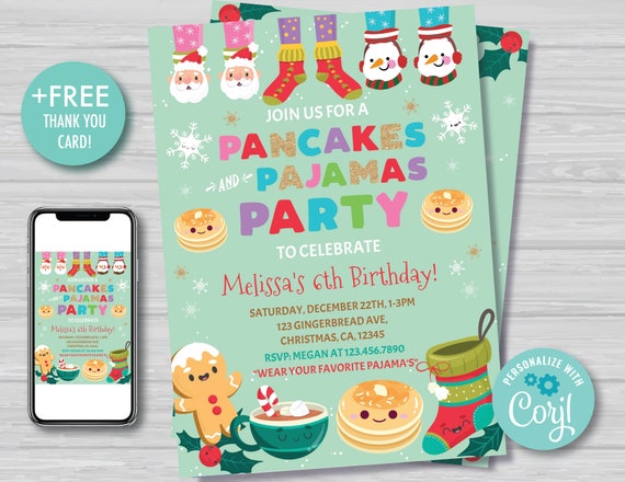 Christmas Pancakes and Pajamas Birthday Invitation Holiday Brunch Birthday Invite Green and Red Christmas Editable Instant Download PJ1 Il_570xn