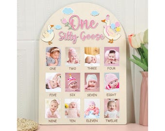 One Silly Goose First Year Photo Board, Baby's First Year Photo Display 12 Months Milestone Sign Wood Board 1st Birthday Picture Frame Decor