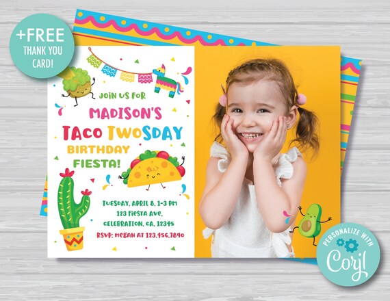 Taco TWOsday Invitation with Photo Mexican TWOsday Birthday Invitation Cinco de Mayo Fiesta Invite Girl's 2nd Birthday Instant Download TT1 Il_570xn