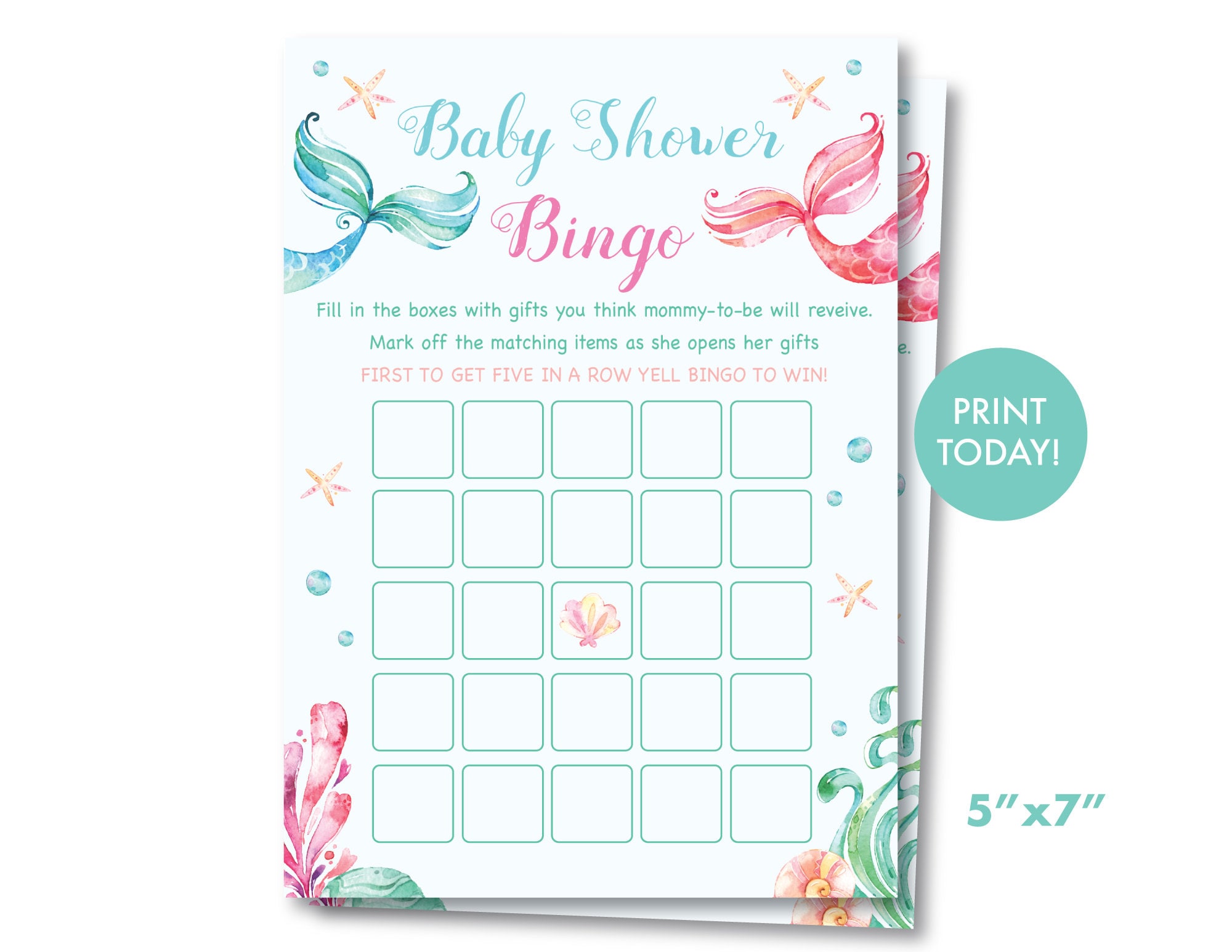 Mermaid Baby Shower Bingo Game Mermaid Bingo Game Under the Sea Bingo Game Girl Baby Shower
