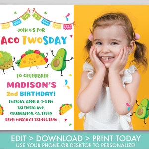 Taco TWOsday Invitation with Photo Mexican TWOsday Birthday Invitation Girl's 2nd Birthday Fiesta Cinco de Mayo Invite Instant Download TT1 image 2