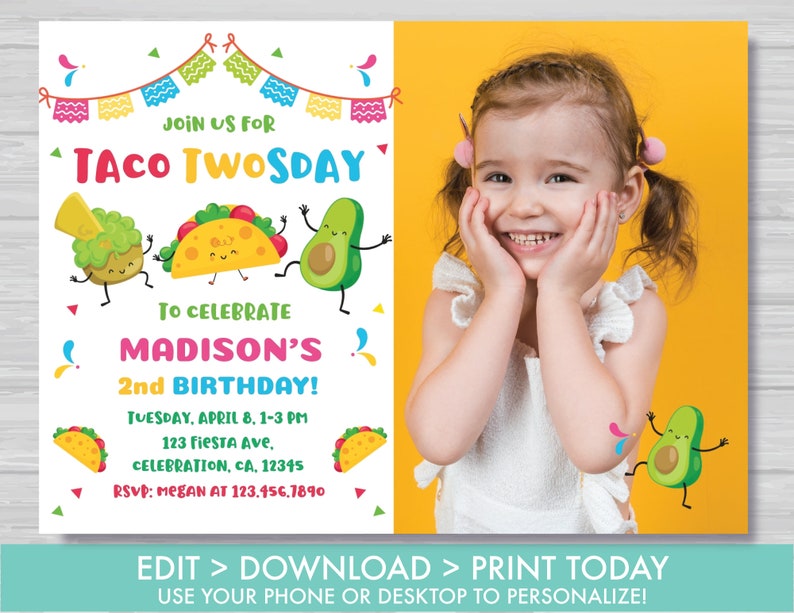 Taco TWOsday Invitation with Photo Mexican TWOsday Birthday Invitation Girl's 2nd Birthday Fiesta Cinco de Mayo Invite Instant Download TT1 image 2