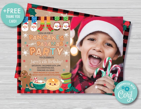 Christmas Pancakes and Pajamas Birthday Invitation With Photo Boy's Christmas Birthday Invitation Brown and Red Instant Download PJ1 Il_570xn