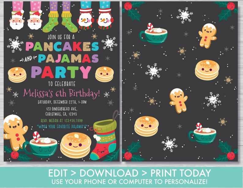 Christmas Pancakes and Pajamas Birthday Invitation Holiday Brunch Birthday Invite Black and Red Christmas Editable Instant Download PJ1