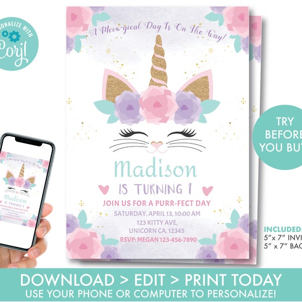 Caticorn Birthday Invitation, EDITABLE Kitty Unicorn Birthday Invitation, Floral Kitty Birthday Invite, Kitty Unicorn, Instant Download, UC1