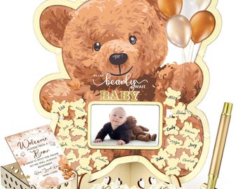 Brown Bear Baby Shower Guest Book Alternatives Set, We Can Bearly Wait Baby Shower Decorations with Photo Frame, Wood Slices Guest Book