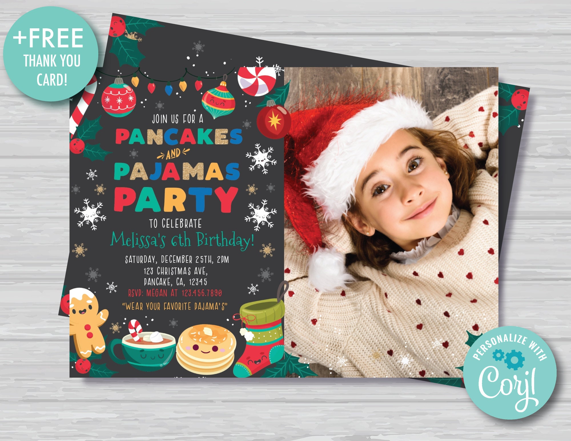 Christmas Pancakes and Pajamas Birthday Invitation Holiday Brunch Birthday Invite Black and Red Christmas Editable Instant Download PJ1