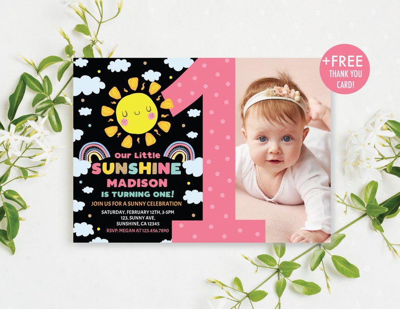 Editable Sunshine Birthday Invitation with Photo Girl's Summer First Birthday Our Little Sunshine Birthday Invitation Instant Download LS1 image 1