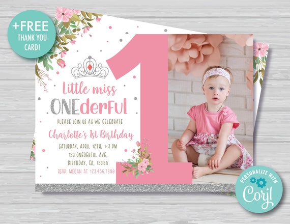 Miss Onederful Invitation with Photo Girls First Birthday Invitation Pink and Silver Floral 1st Birthday Editable Instant Download MO1 Il_570xn