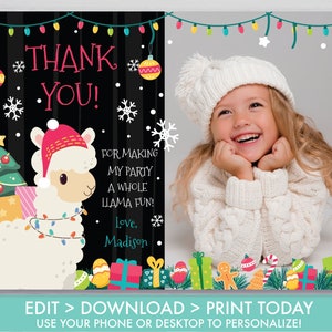 Llama Christmas Thank You Card With Photo Holiday Llama Party Decoration Llama Christmas Birthday Thank You Card Instant Download CL1 image 2