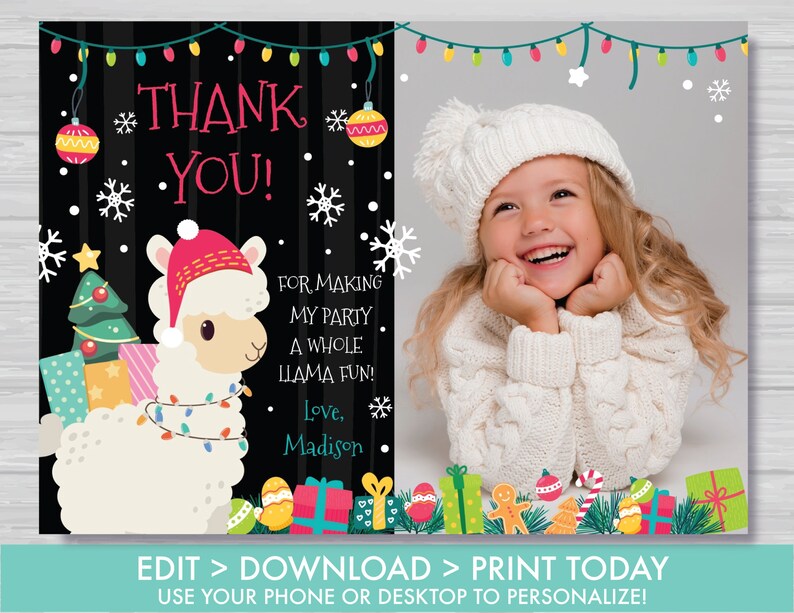 Llama Christmas Thank You Card With Photo Holiday Llama Party Decoration Llama Christmas Birthday Thank You Card Instant Download CL1 image 2