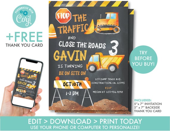 EDITABLE Construction Birthday Invitation Boy's Dump Truck 3rd Birthday Invitation Truck Birthday Workin Man Invite Instant Download, DT1 Il_570xn